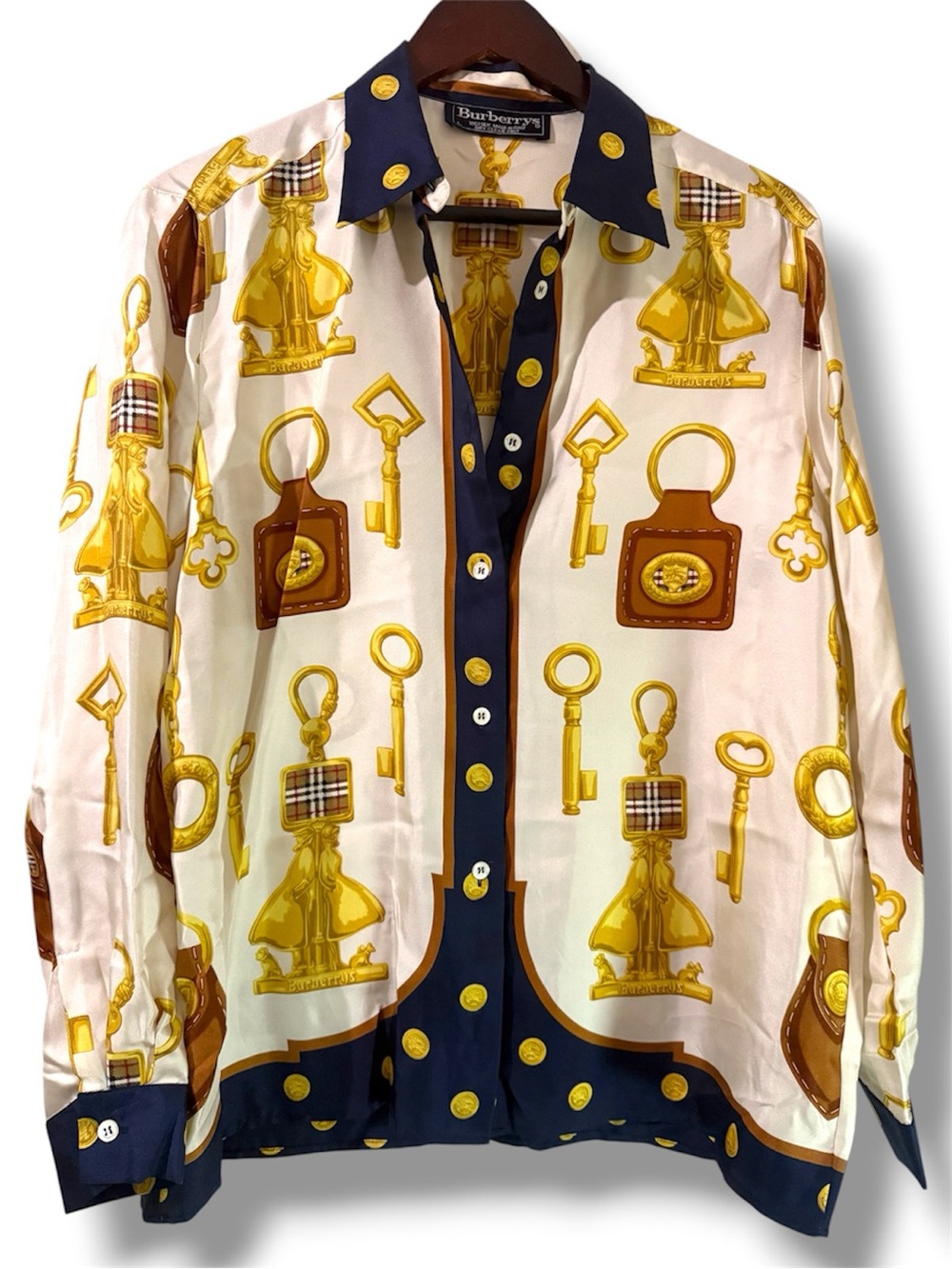 Burberry Cream, Navy & Gold Key Motif Silk Button-Down Blouse. Rare. Brand New.